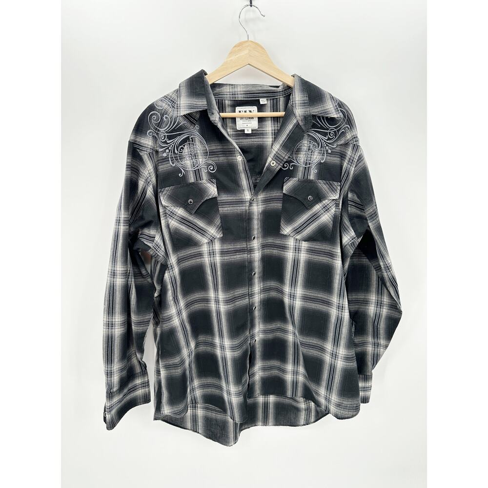 Ely Cattleman‎ Men Black Plaid Pearl Snap Button Up Shirt Size XL Western Cowboy